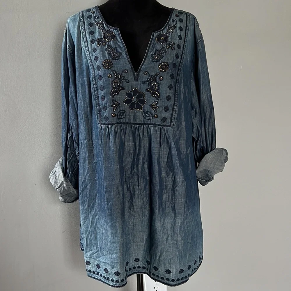 Gorgeous Vintage America Navy Blue with Embroidery and Gold Bead Blouse or Dress - Picture 7 of 11